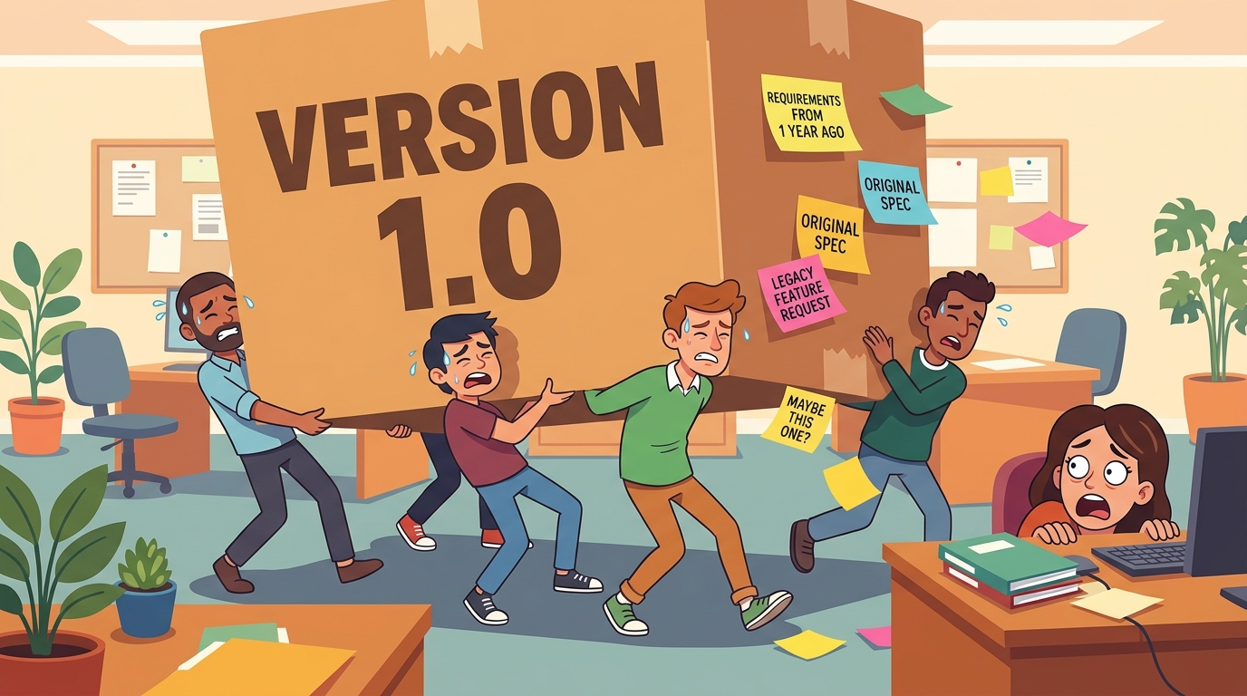 Nhóm dev khiêng hộp Version 1.0 khổng lồ đầy sticky note cũ, khách hàng hoảng sợ
