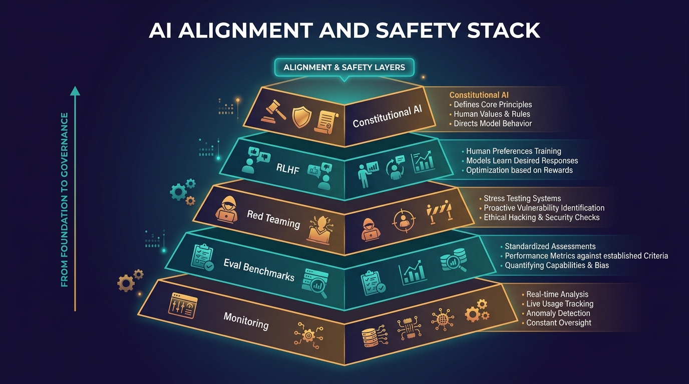 Tháp phân tầng kỹ thuật của AI safety stack — từ Monitoring ở đáy đến Constitutional AI ở đỉnh