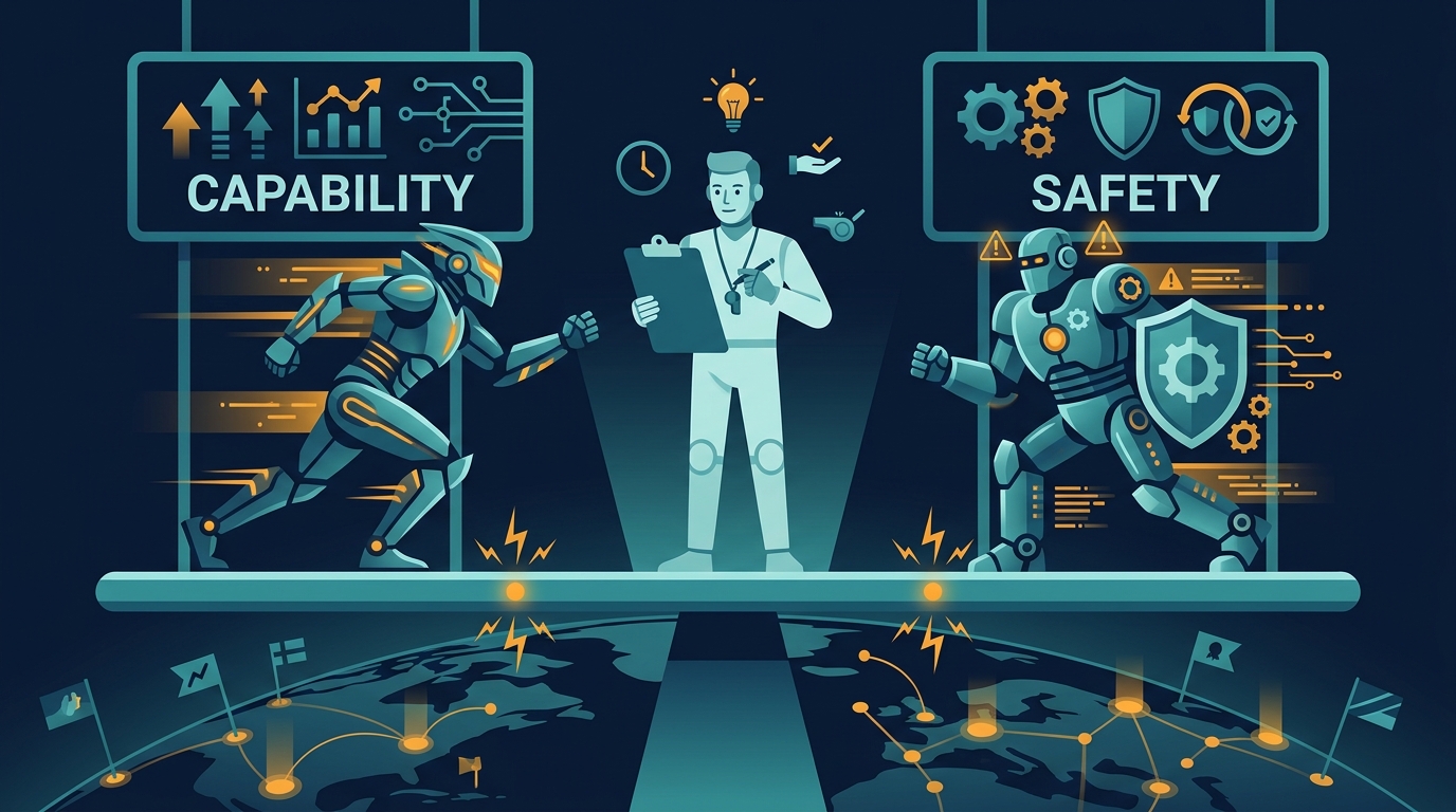 Hai AI-robot đứng hai bên một chiếc cân với trọng tài ở giữa — ẩn dụ cho cuộc cân bằng Capability và Safety trong AI toàn cầu