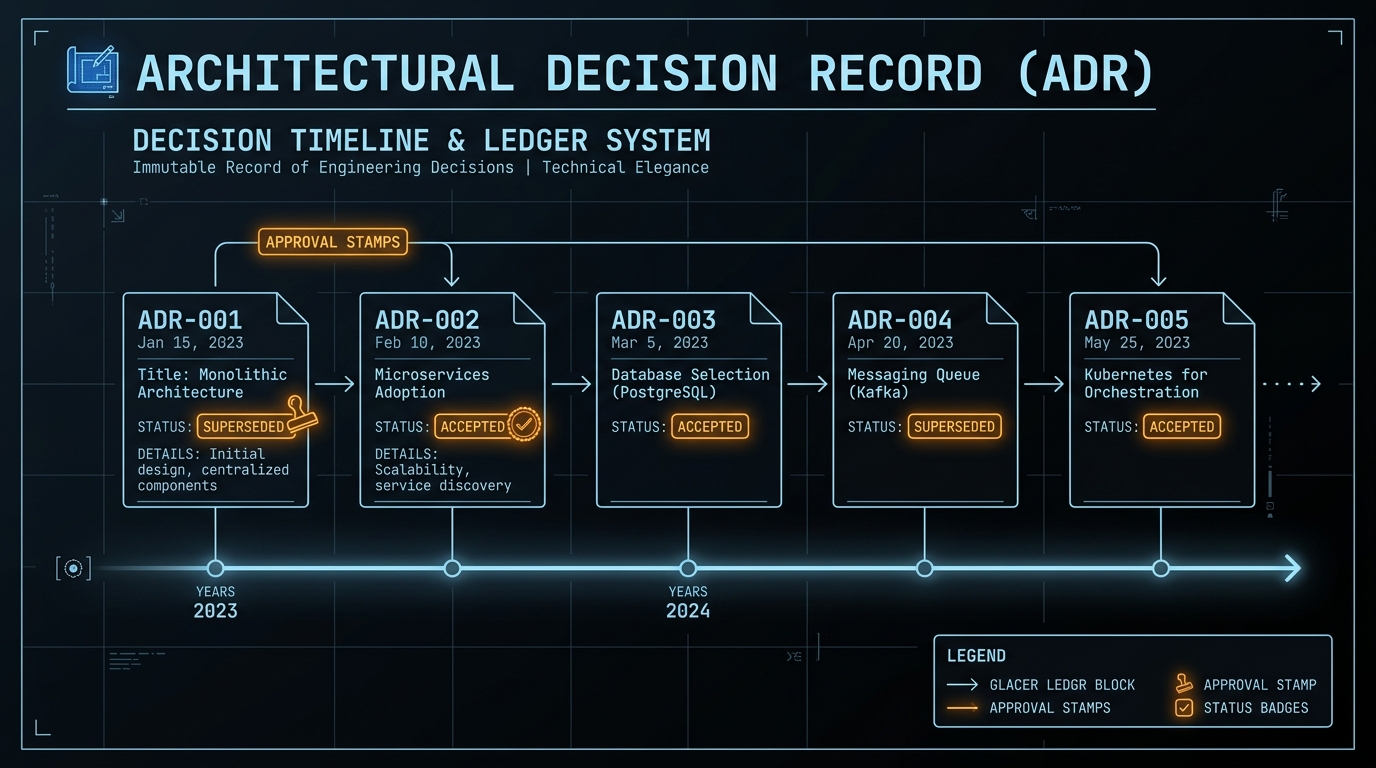 Architectural Decision Record timeline with glacier blue ledger blocks and warm amber approval stamps