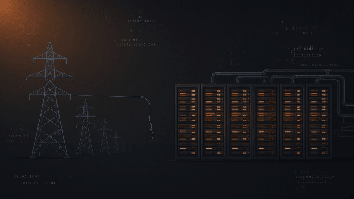 Dãy tủ server phát sáng cam nối ống làm mát, bên cạnh cột điện cao thế có đường dây bỏ lửng chưa đấu nối tới