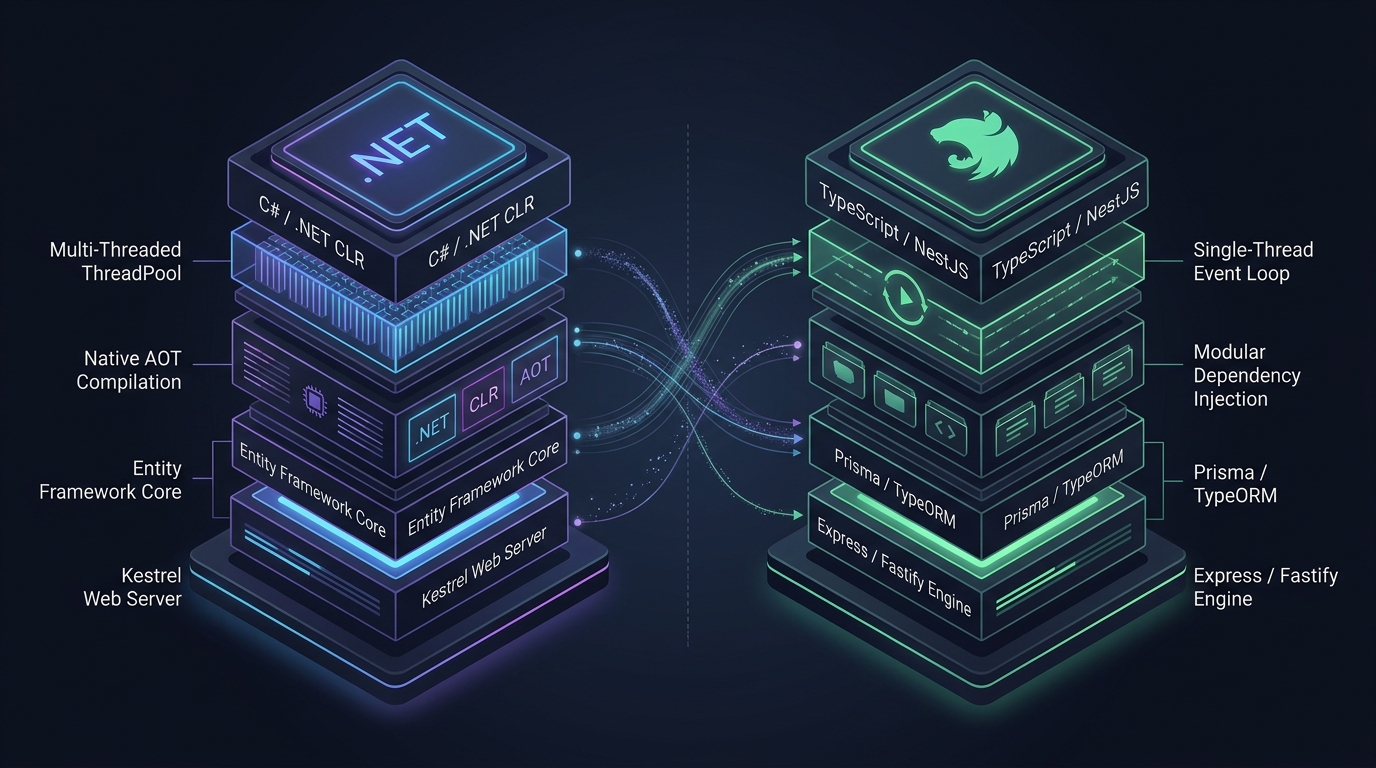Sơ đồ so sánh kiến trúc runtime giữa .NET CLR và NestJS Node.js
