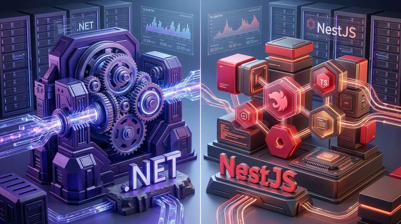 Minh họa so sánh hai nền tảng backend .NET và NestJS với các máy chủ đám mây và bảng telemetry