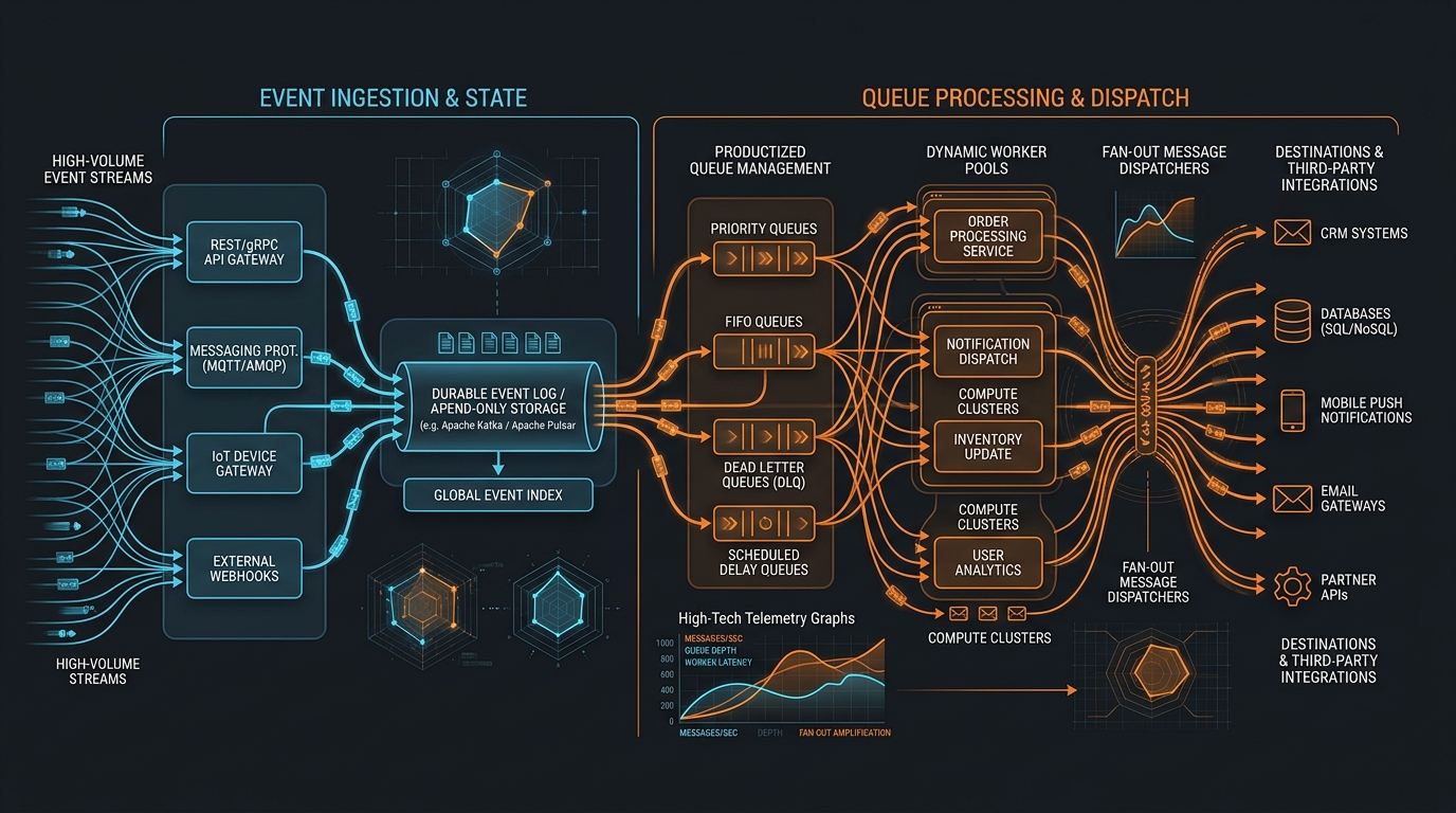 Cold durable event stream storage feeding high-throughput dynamic queue worker pipelines