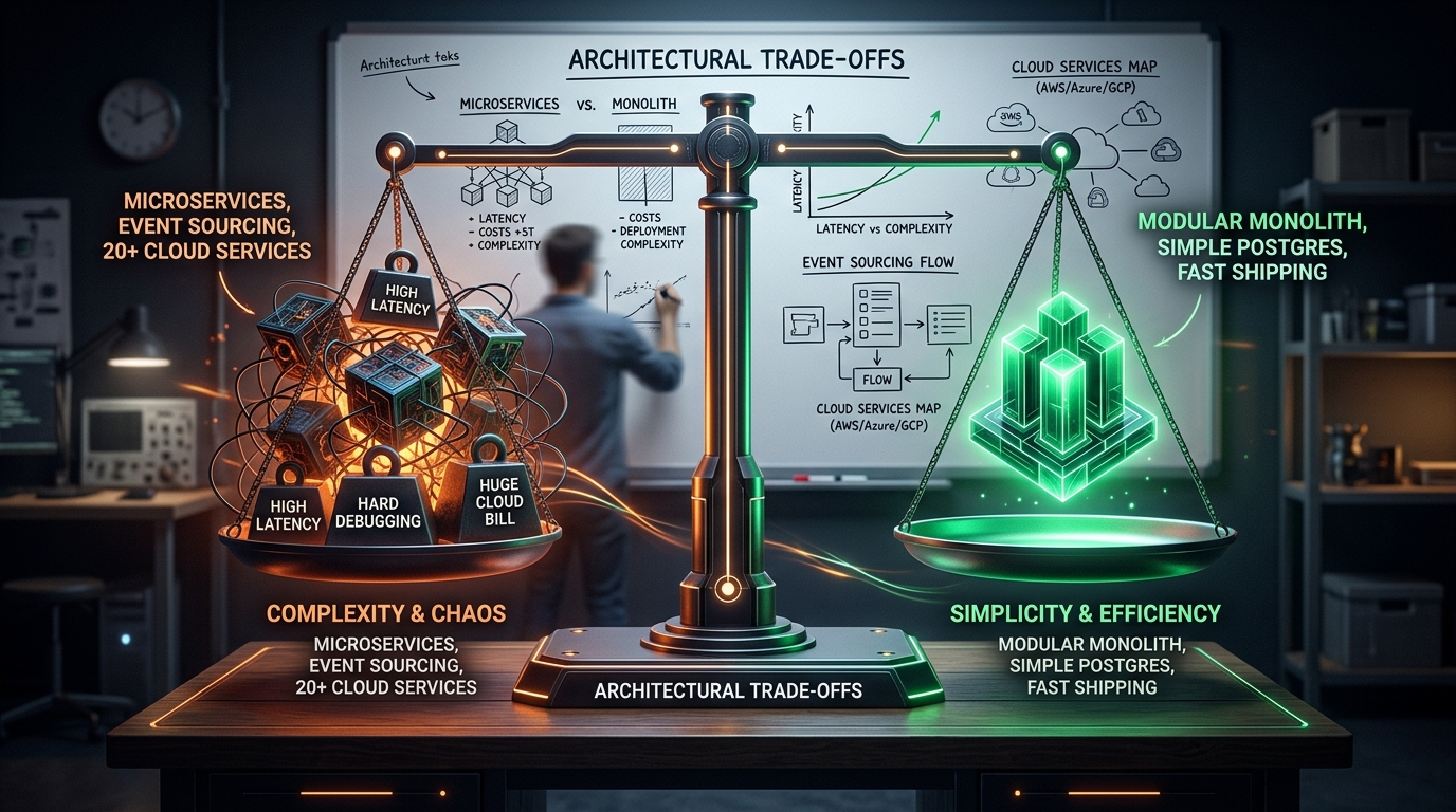 Cán cân đánh đổi kiến trúc: Một bên là mớ bòng bong microservices nặng nề bởi độ trễ cao, khó debug và hóa đơn khủng; một bên là kiến trúc Modular Monolith nhẹ nhàng, ổn định và giao hàng nhanh chóng