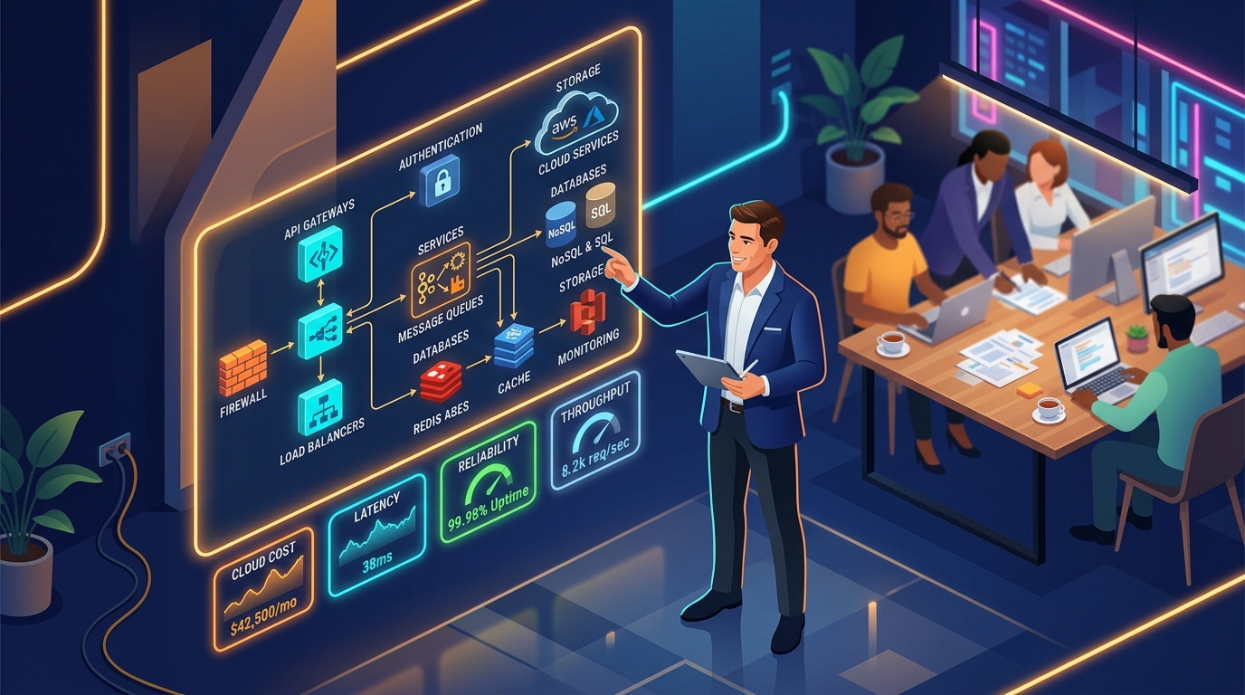 Kiến trúc sư giải pháp đứng trước sơ đồ kiến trúc ba chiều phát sáng gồm API Gateway, Microservices, cơ sở dữ liệu và bảng đo chi phí điện toán đám mây cùng độ trễ