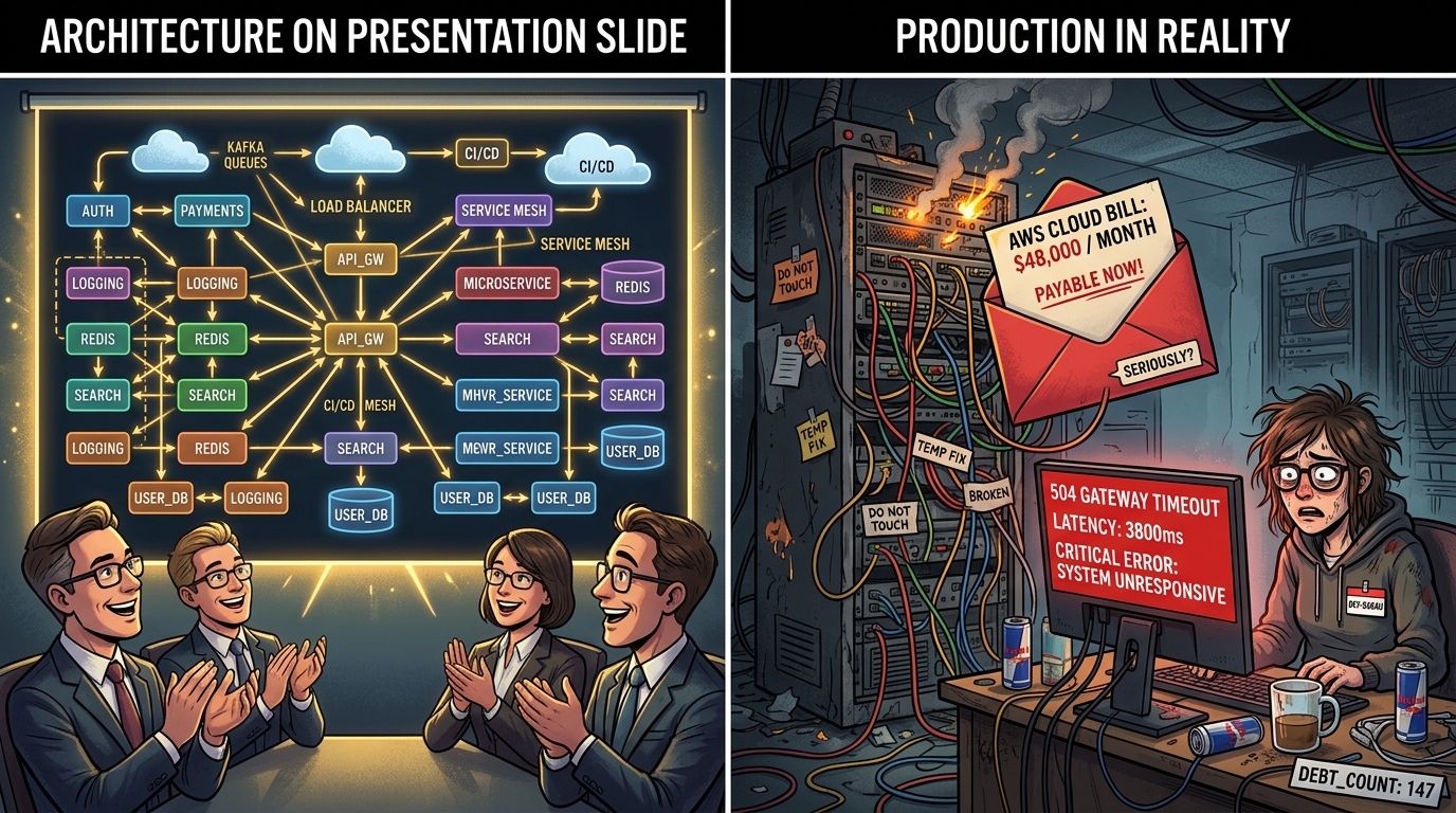 Hai nửa đối lập giữa bản vẽ kiến trúc trên slide PowerPoint được ban giám đốc vỗ tay tán thưởng và thực tế production bốc khói ngập rác nợ kỹ thuật cùng hóa đơn AWS 48000 USD đập vào mắt lập trình viên kiệt sức
