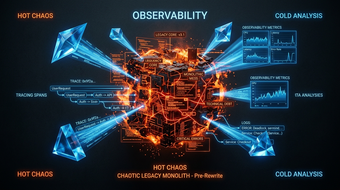 Cold crystalline distributed tracing beams analyzing glowing hot monolithic legacy core