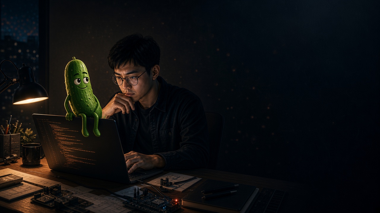 Lập trình viên làm việc đêm bên laptop, một nhân vật dưa muối hoạt hình ngồi vắt vẻo trên cạnh màn hình