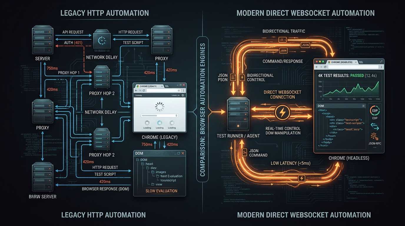 Sơ đồ so sánh kiến trúc: WebDriver nhiều hop HTTP và Playwright WebSocket hai chiều trực tiếp