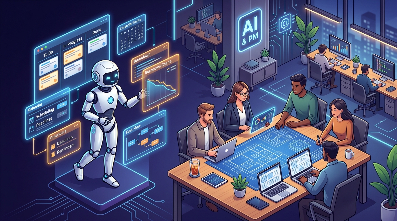 Bàn làm việc hiện đại: robot AI đang sắp xếp thẻ kanban và biểu đồ burndown lơ lửng, bên cạnh là nhóm kỹ sư cùng quản lý dự án ngồi bên ly trà đá bàn bạc bản thiết kế kiến trúc