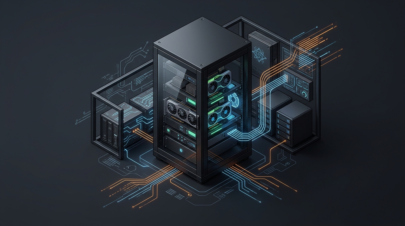 Sơ đồ kiến trúc homelab server rack chạy AI với hệ thống tản nhiệt và telemetry