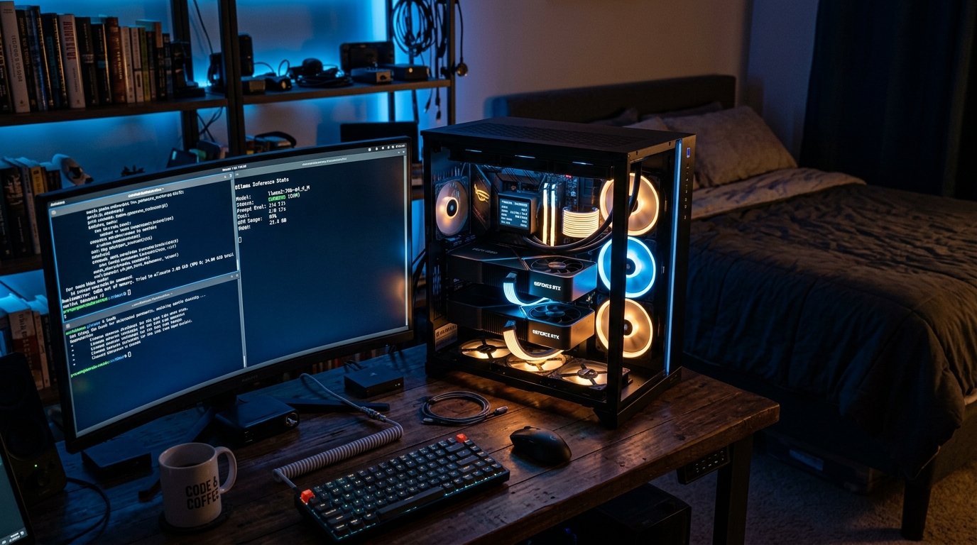 Góc setup PC homelab trong phòng ngủ lúc nửa đêm với dàn quạt GPU rực sáng và màn hình báo lỗi bộ nhớ CUDA