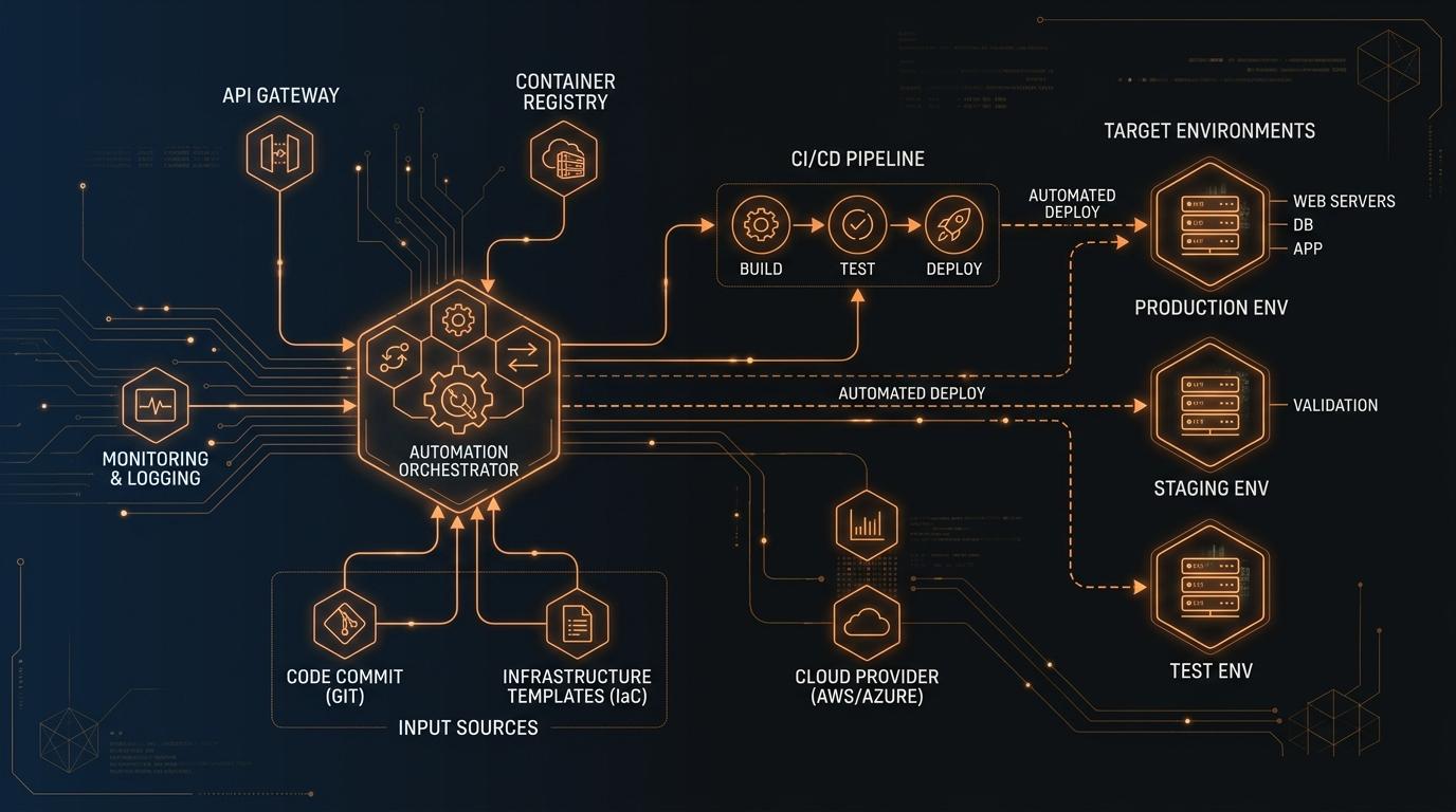 Automation orchestrator and architecture pipeline showing input sources and target environments