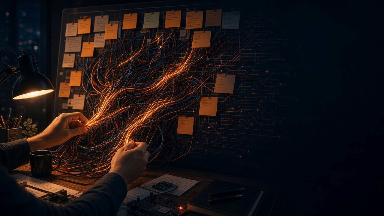 Mớ dây cáp rối phát sáng trước bảng sprint đầy sticky note, đang được gỡ dần thành từng sợi song song