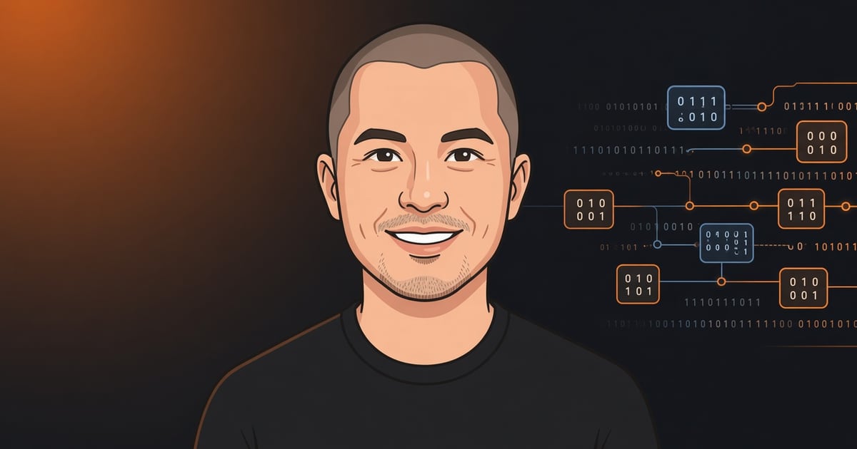 Illustrated portrait of Trực Nguyễn beside a chain of linked binary blocks