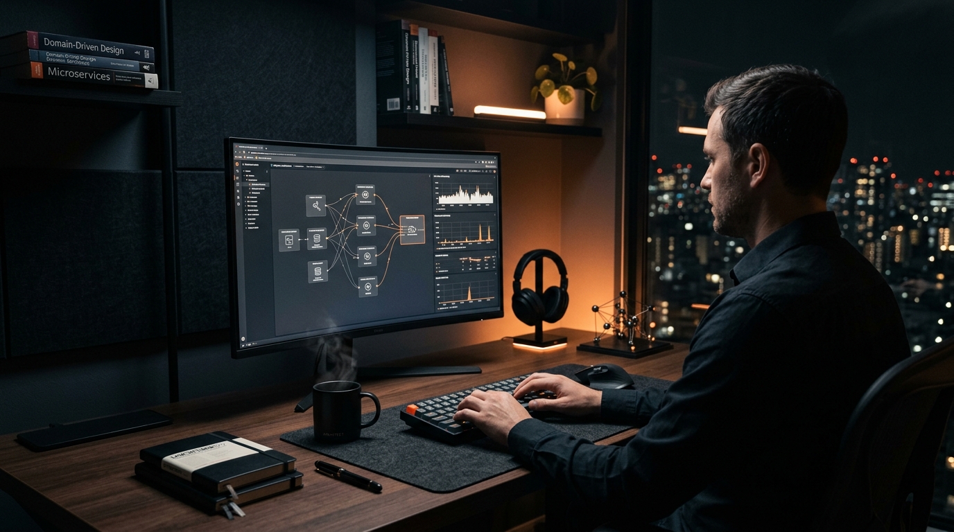 Clean architecture workspace with dual monitors and system diagrams